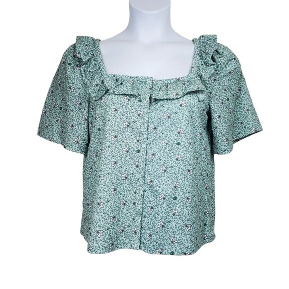 Ann Taylor Womens Green Ruffle Square Neck Button Front Top Size S NWT - Picture 1 of 6
